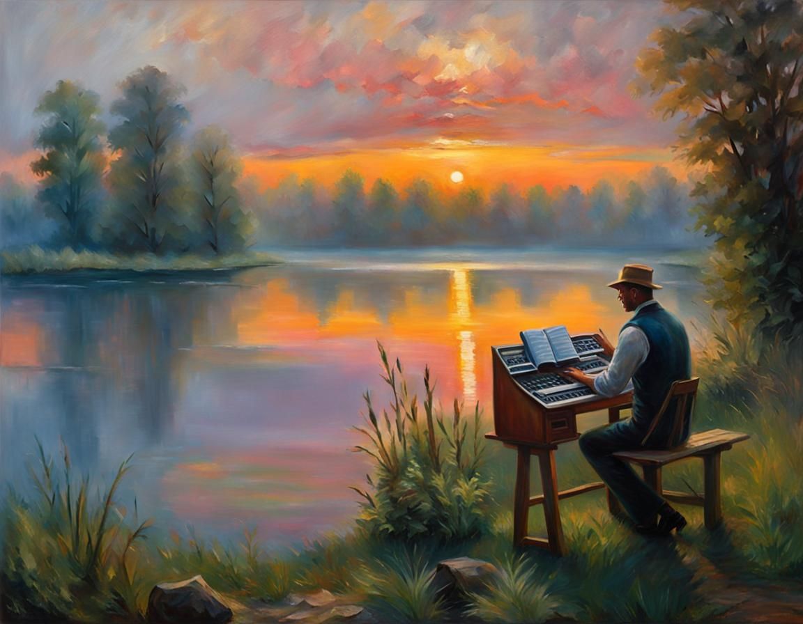 Man Plays Keyboard in Impressionistic Lakeside Landscape