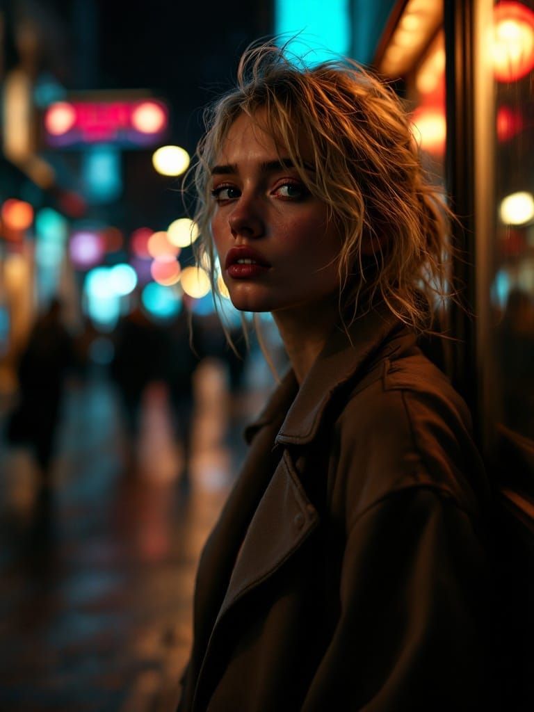 Woman's Tired Night Walk in Neon City