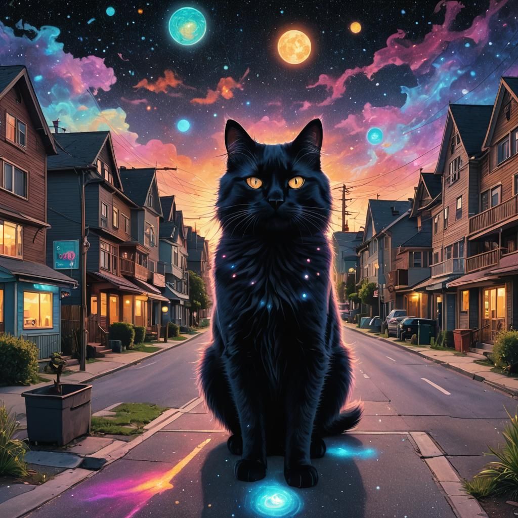 Fluffy Black Cat in Astral Cosmic Illustration
