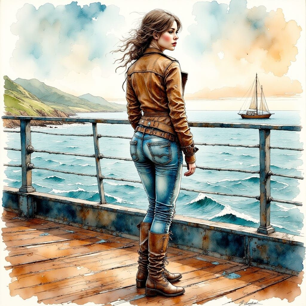 Jenna Coleman on Ferry: Nostalgic Ink Illustration