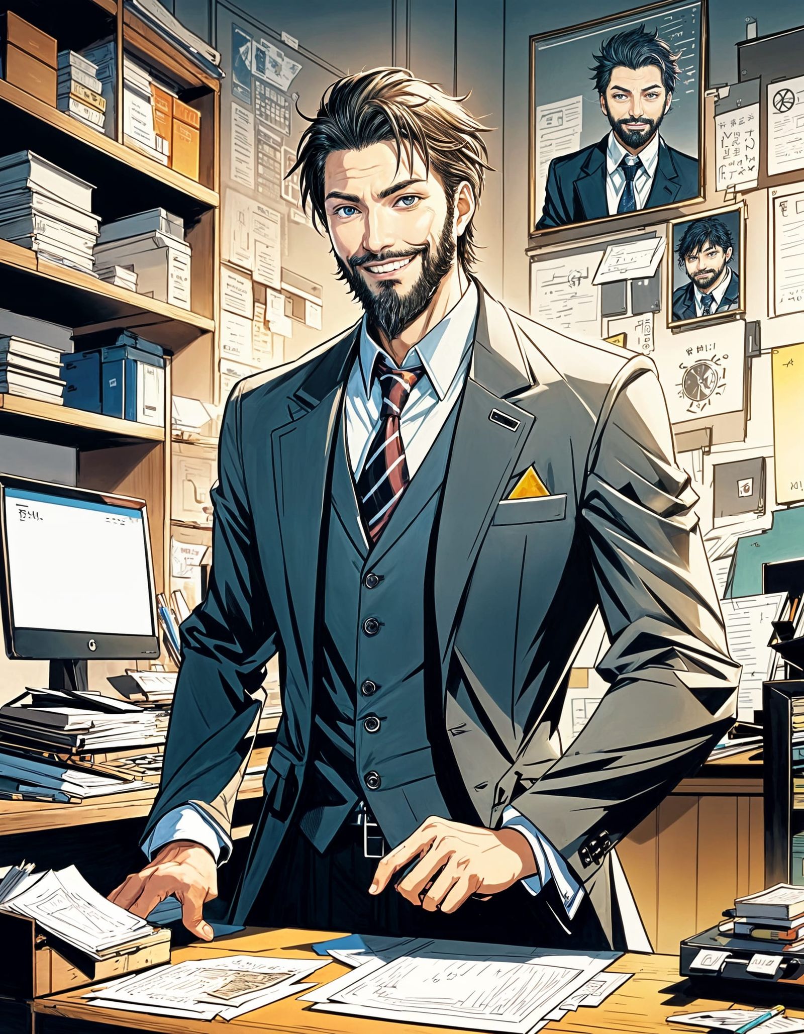 Manga-Inspired Detective in a Cluttered Office