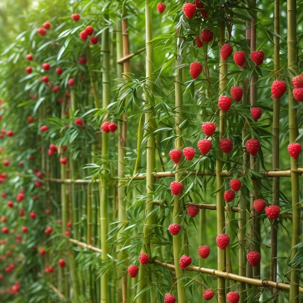 Raspberries Trained to Grow on a Bamboo Lattice