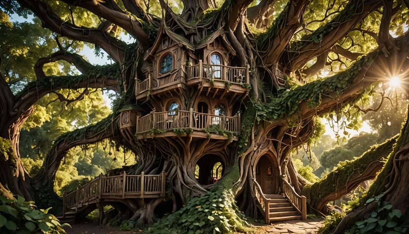Elven Treehouse in Gnarled Tree, High-Fantasy Architecture