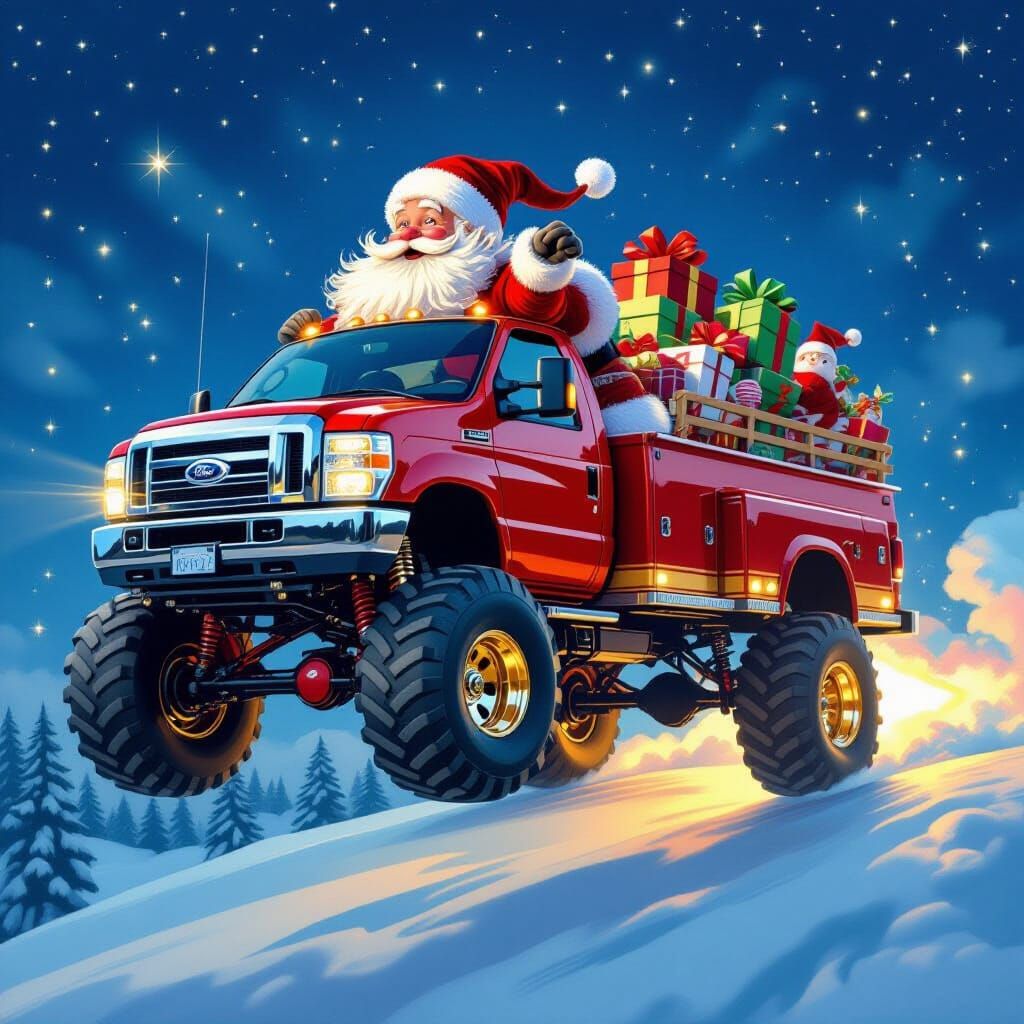 Santa's Monster Van Christmas Ride Through the Night Sky