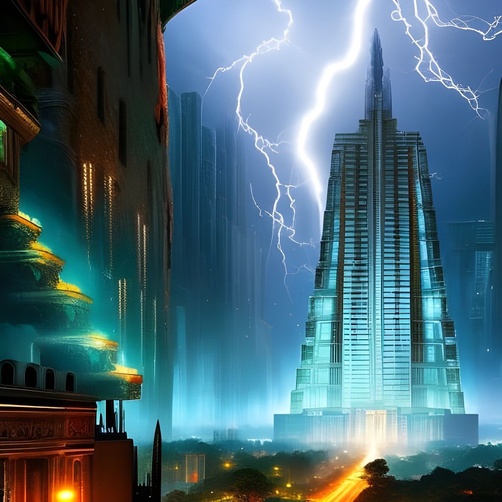 Mayan Cityscape with Holographic Skyscrapers and Lightning