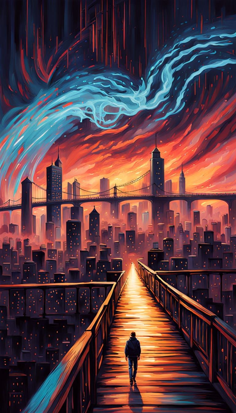 Mysterious Figure Contemplates Cosmic Vortex in Neon Metropo...