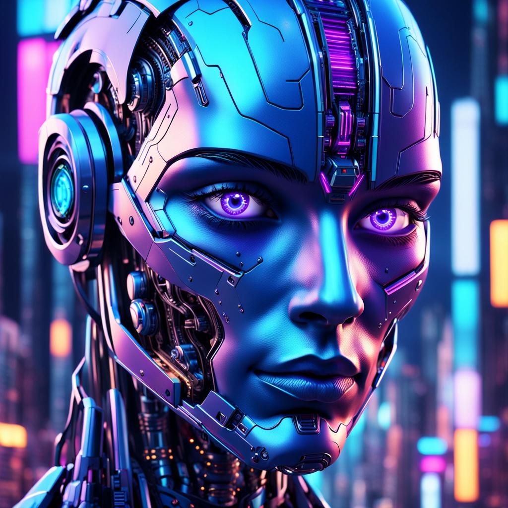 Cybernetic Portrait in Neon Noir Cityscape