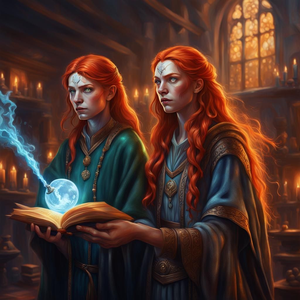 Redhead Sorceress Teaching Apprentice: Hyperrealistic Splash...