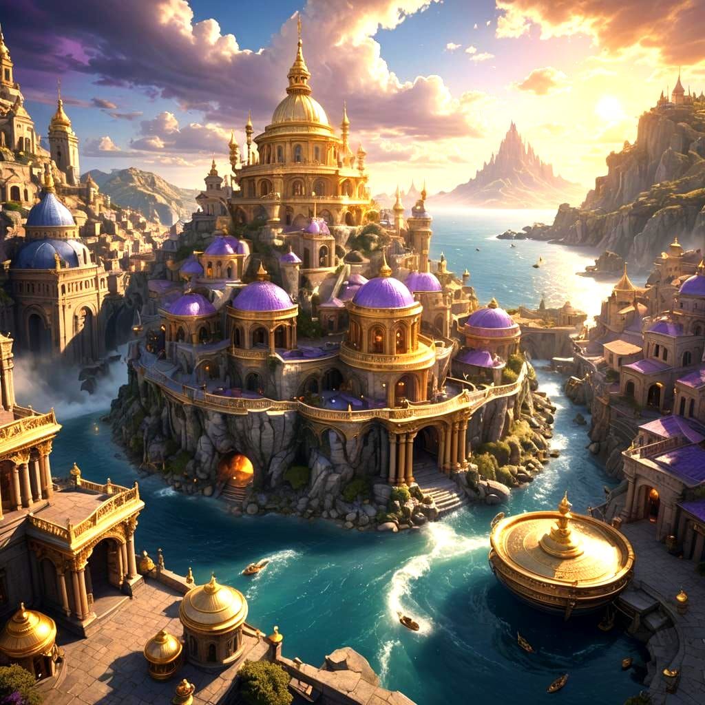 Mythological City with Golden Arcs and Jewelry