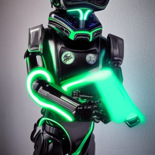 Green Cybernetic Trooper Gunfight in Synthwave Neon Style
