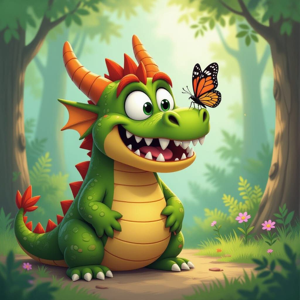 Goofy Dragon Tickled by Butterfly in Whimsical Forest