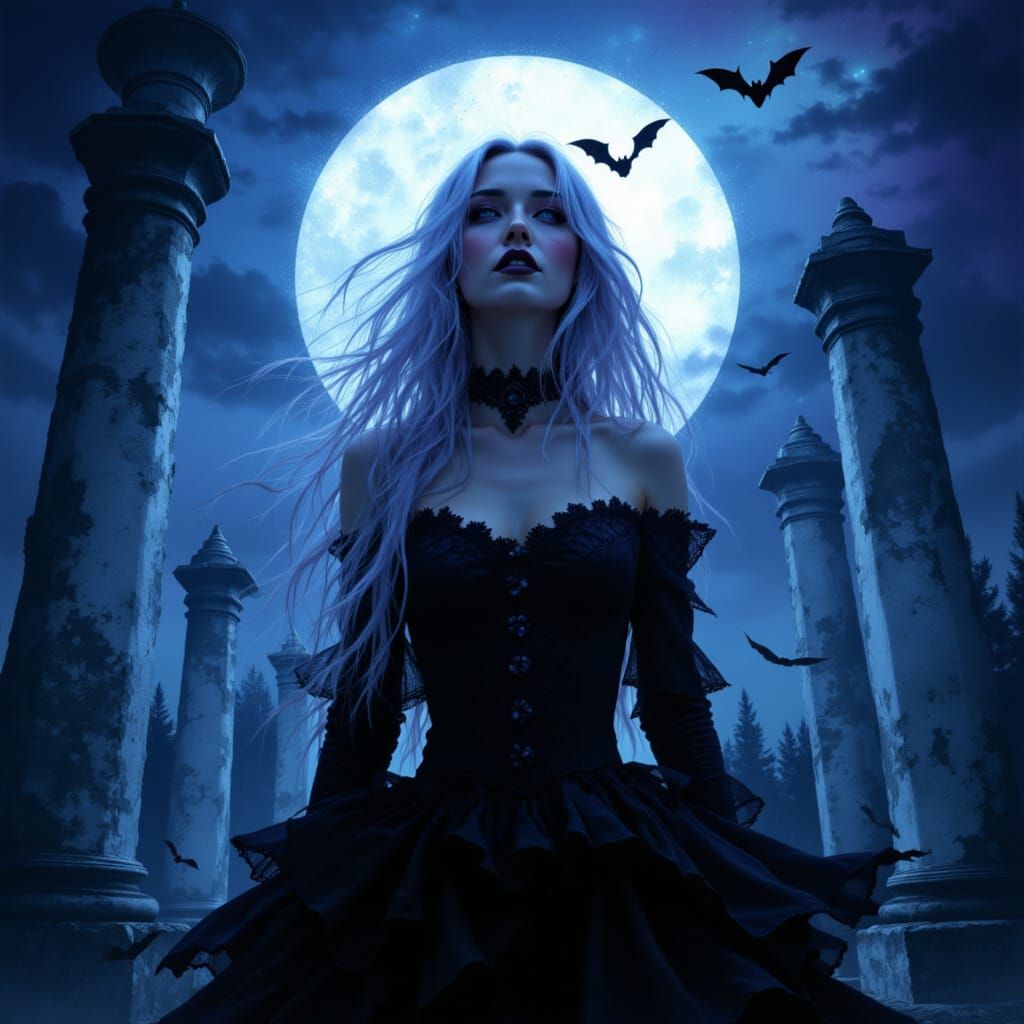 Gothic Vampire Woman in Moonlit Cemetery