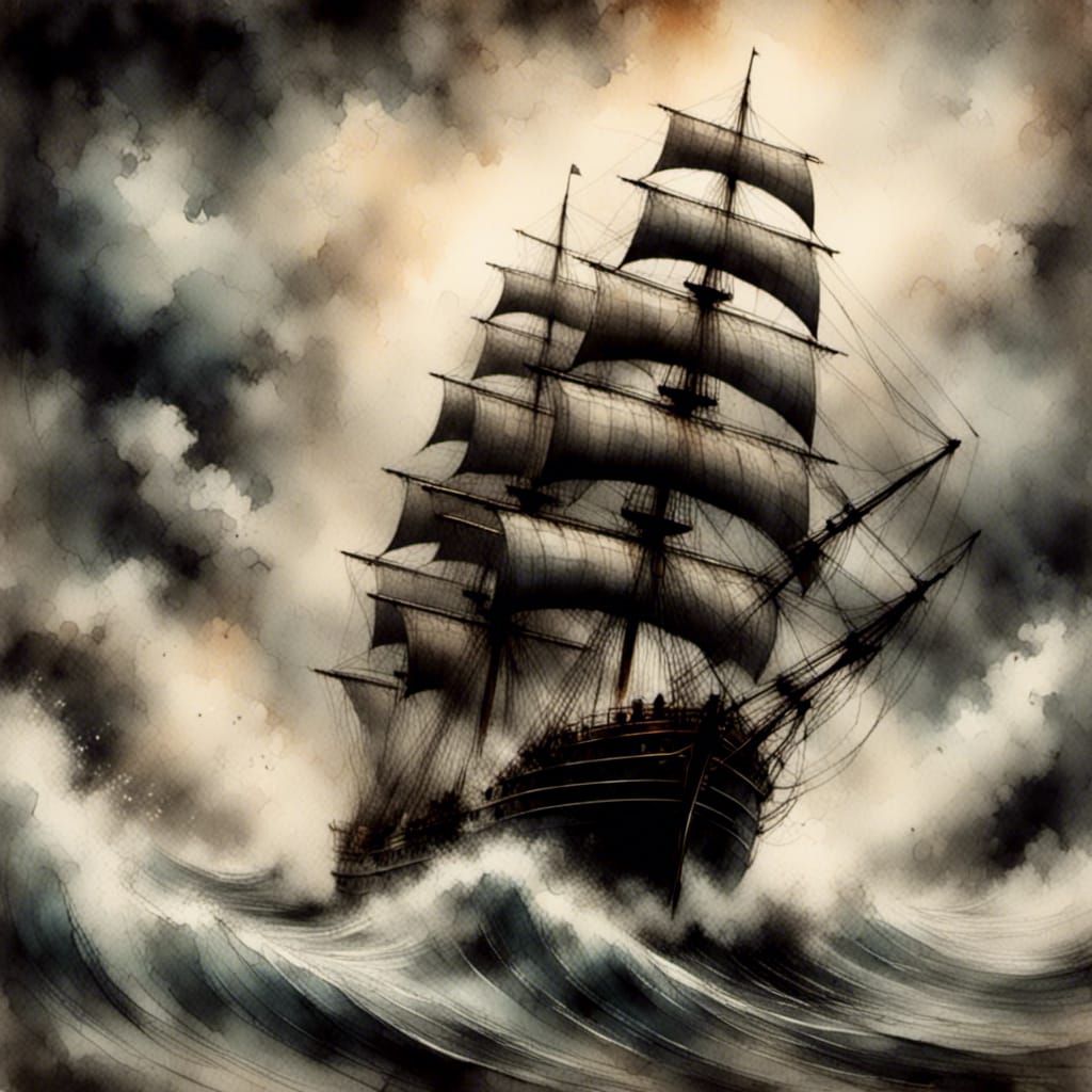 Dramatic Sailing Ship Navigating a Turbulent Sea