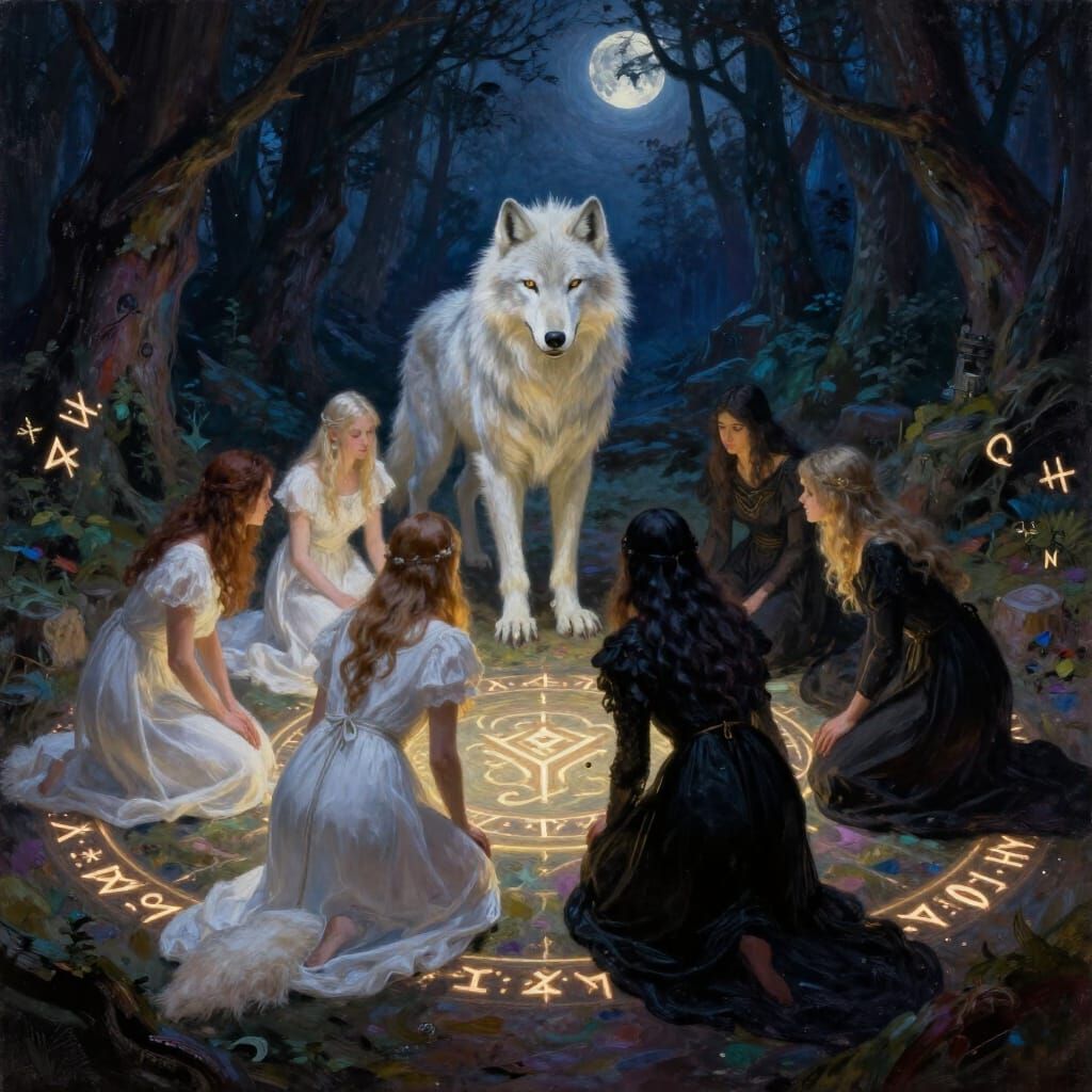 Witches Bow to Werewolf in Moonlit Forest Circle