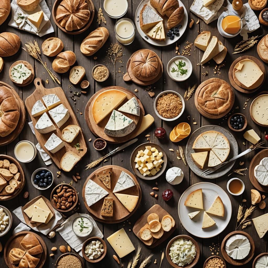 Rustic Wooden Table with Cheeses and Dairy