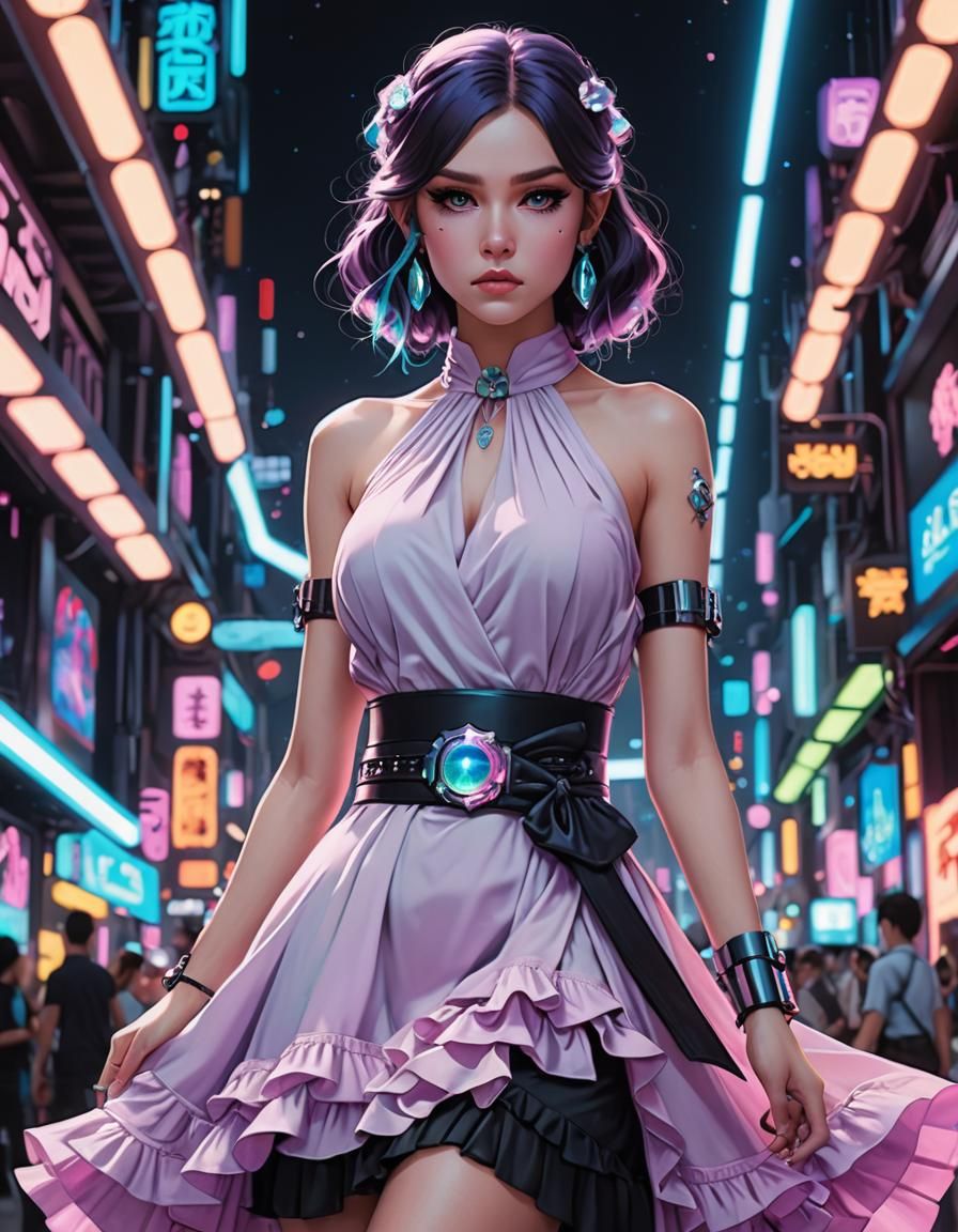 Pastel Goth Dress in Neon Lights: 3D Anime Art