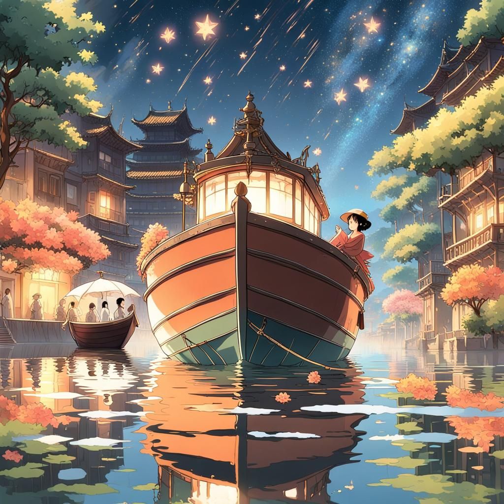 Woman in Boat Amidst Ancient City, Ghibli Style