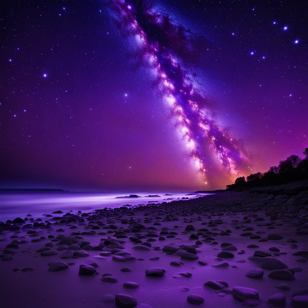 Glowing Purple Seashore Under Starry Sky