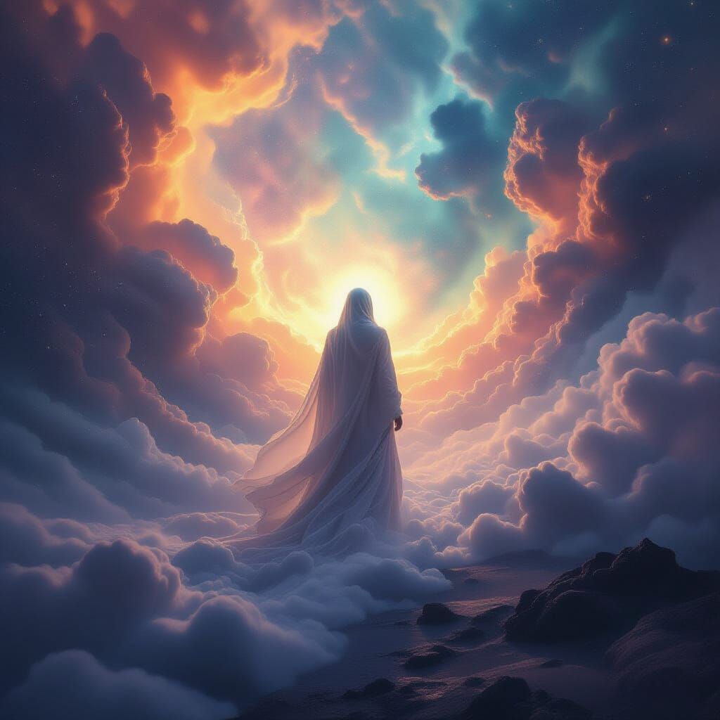 Ethereal Figure Dissolving into Cosmic Dust