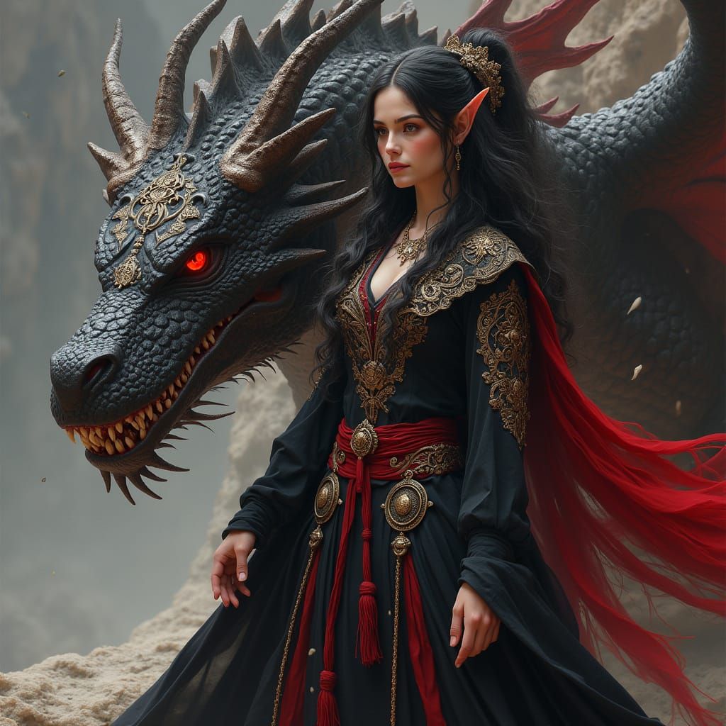 Elven Sorceress with Obsidian Dragon in Dark Fantasy Style