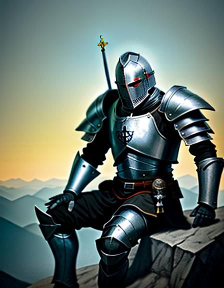 A Templar knight in armor and a helmeted face sits thoughtfully on a mountain of skulls.