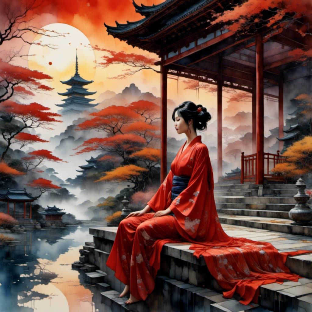 Oriental Woman in Kimono: Watercolor Chiaroscuro