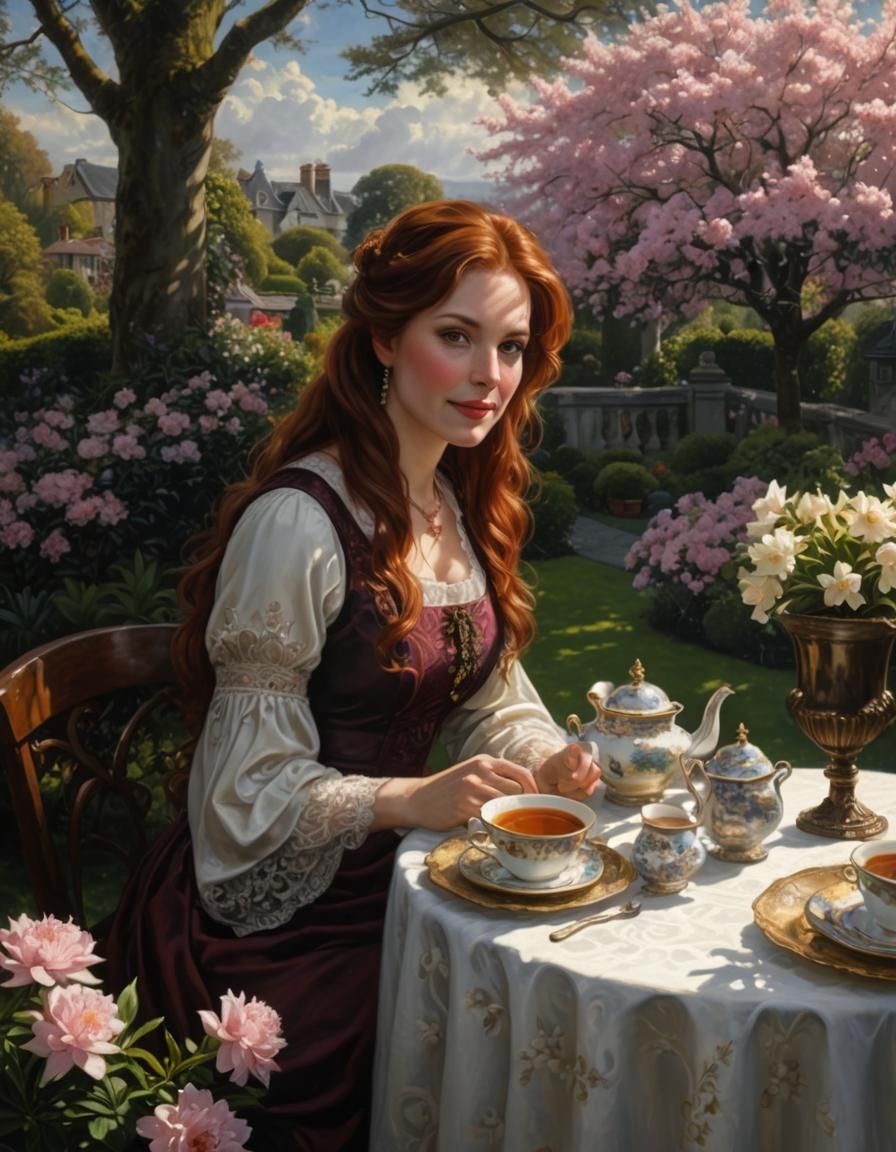 Auburn Woman's Tea Time: Chiaroscuro Oil Painting