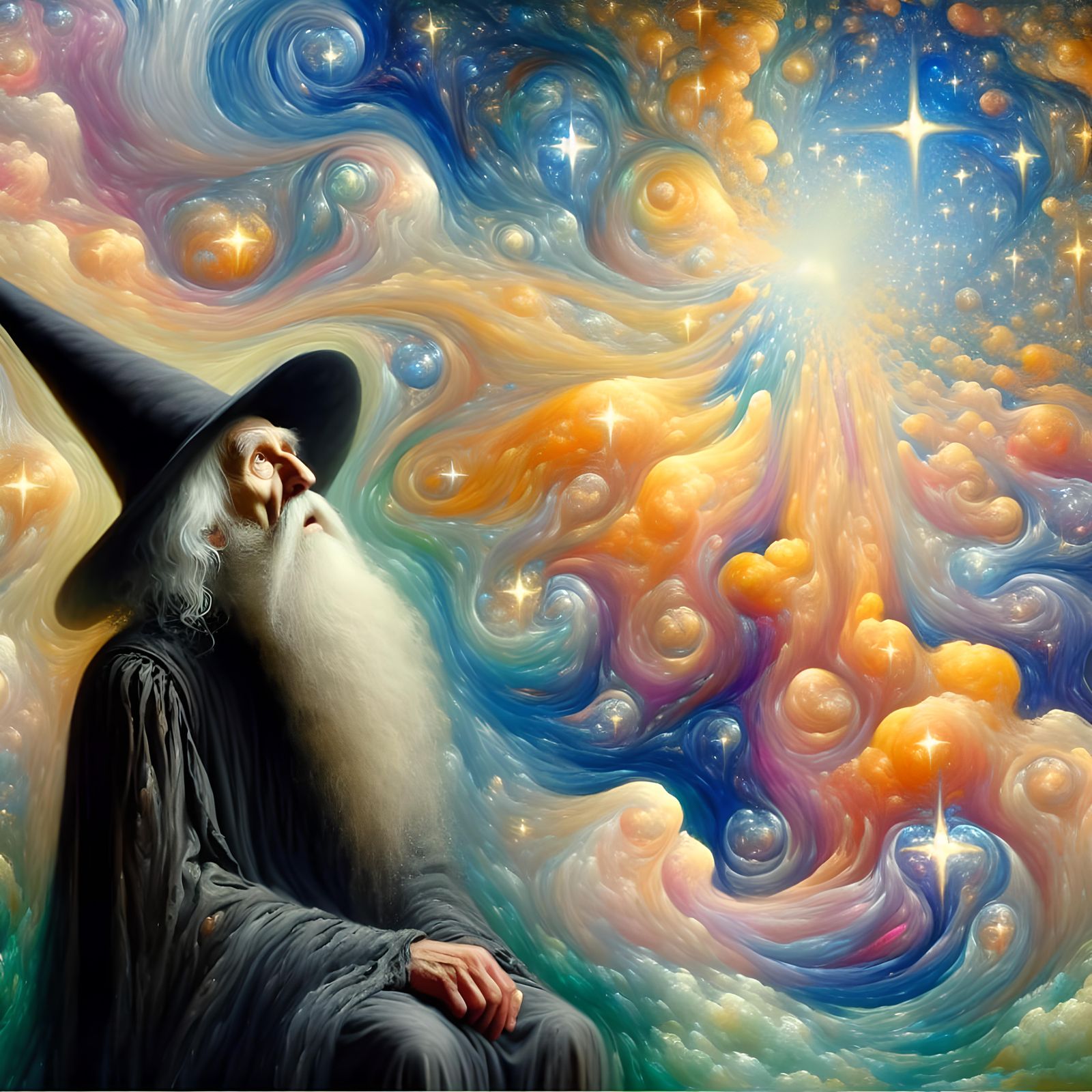 Wizard Gazing at Painted Stars in Dreamlike Colors