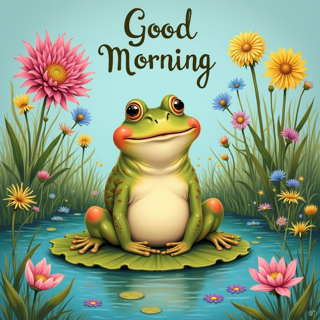 Bullfrog in Pond with Embroidered Flowers