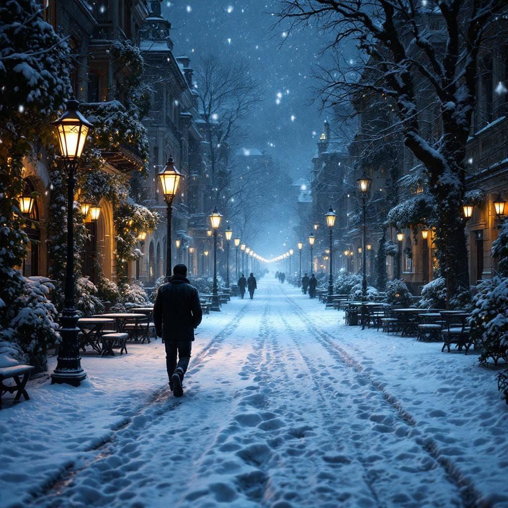 Nighttime Snowfall in Karlovy Vary Street Scene