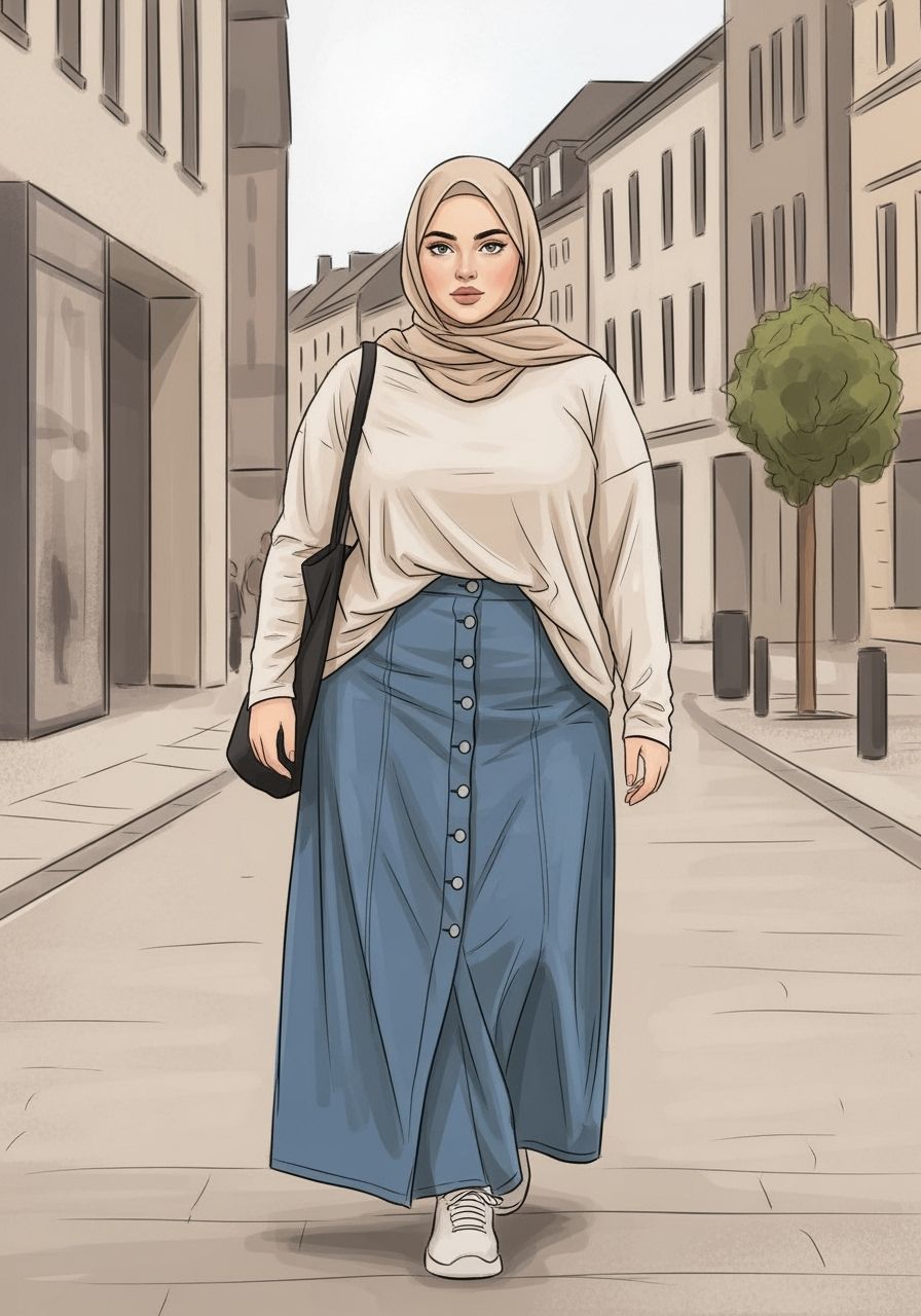 Hijabi Woman Walking in German City: Digital Painting