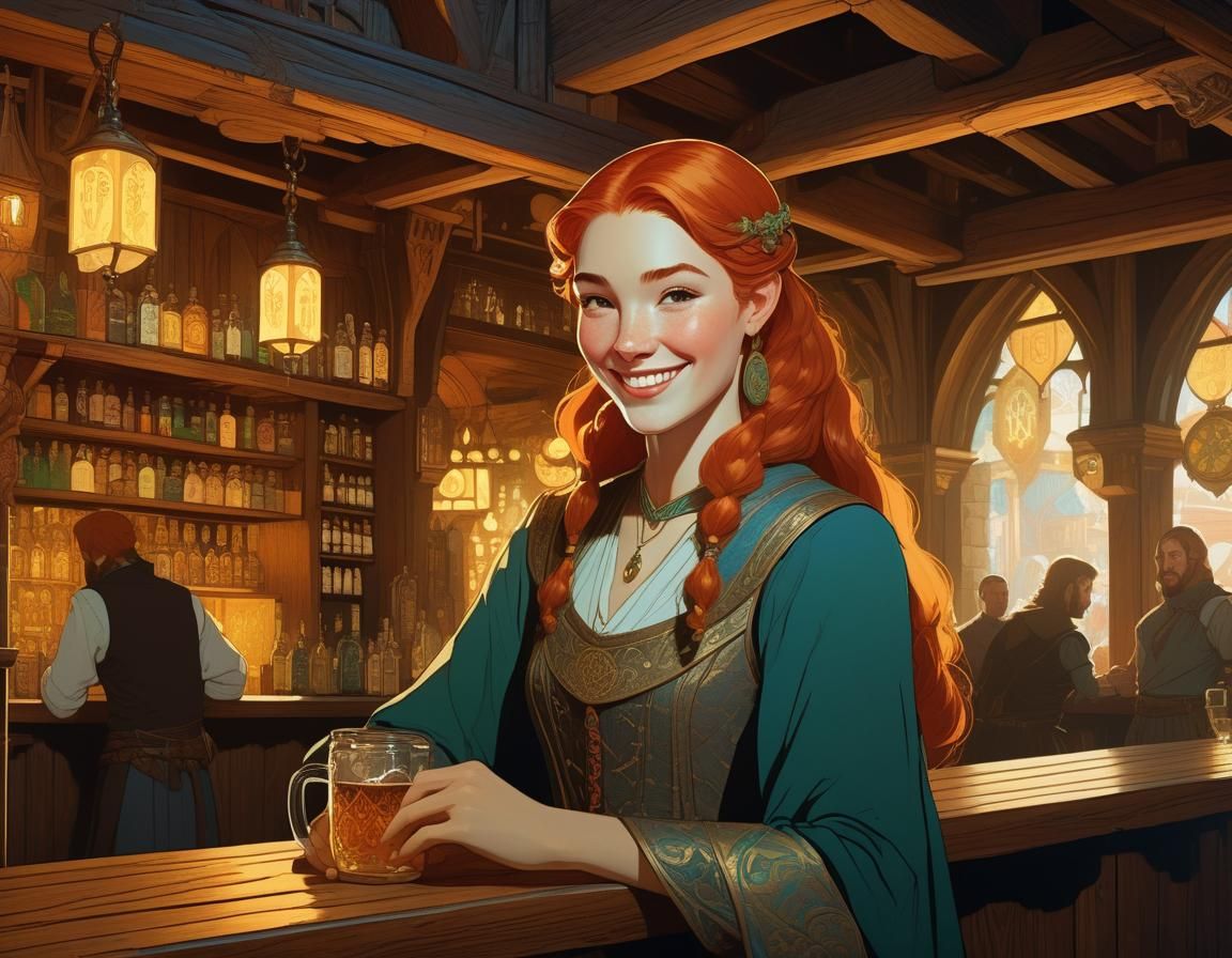 Hazel-Haired Tavern Keeper: A Digital Fantasy Portrait