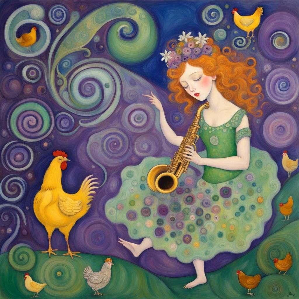 Fairy Princess with Saxophone Chicken in Gouache Style