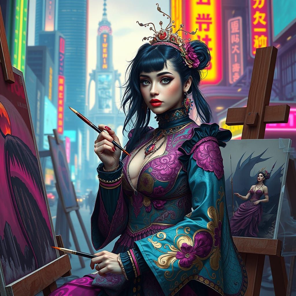 Cyberpunk Painter in a Neon Cityscape