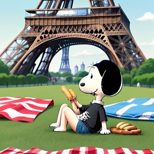 Snoopy is having a picnic in Paris, and he couldn't be happi...