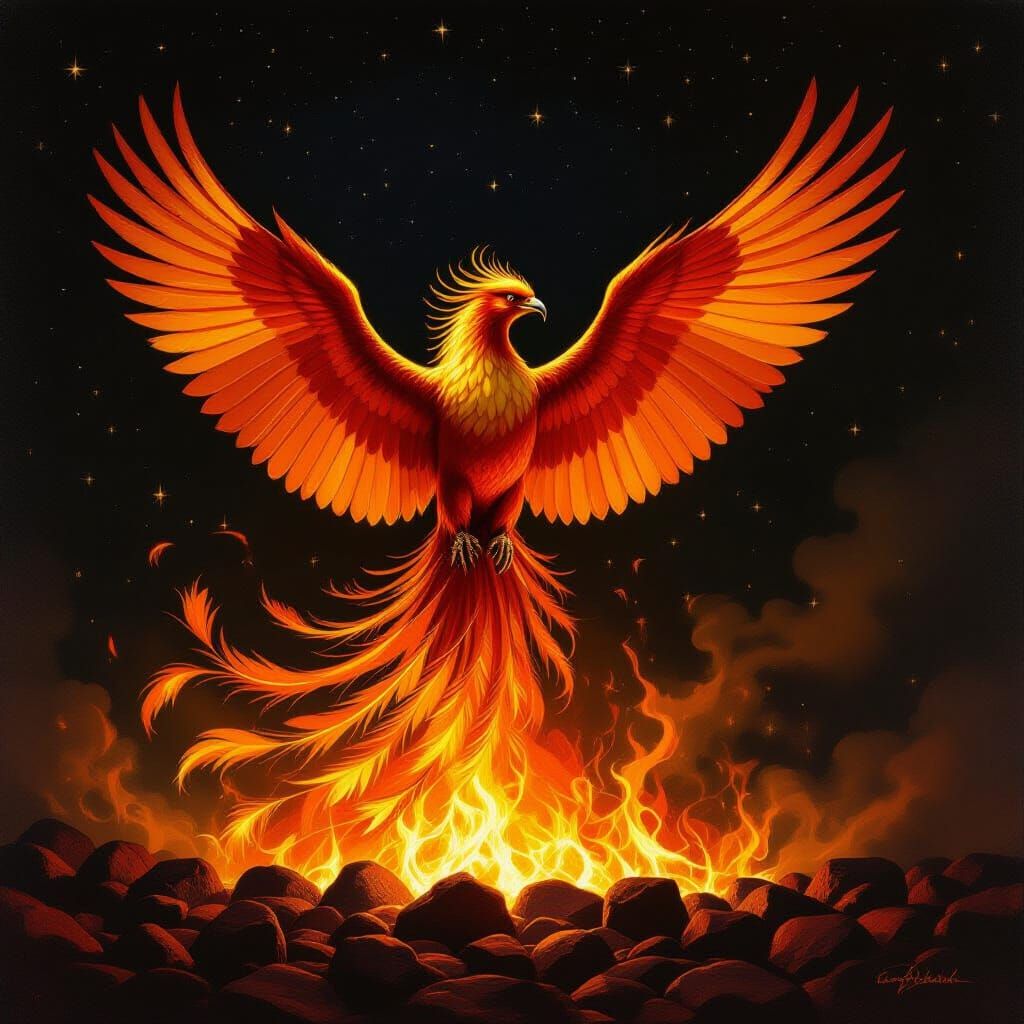 Majestic Phoenix Rises From Embers in Oil Painting Style