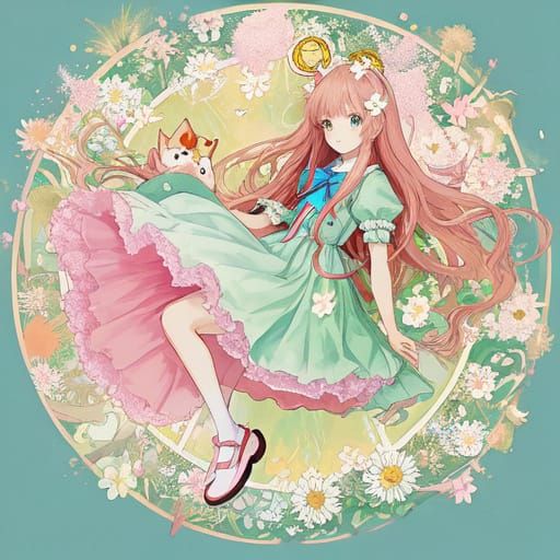 Anime Girl Surrounded by Whimsical Flowers and Pet Cat