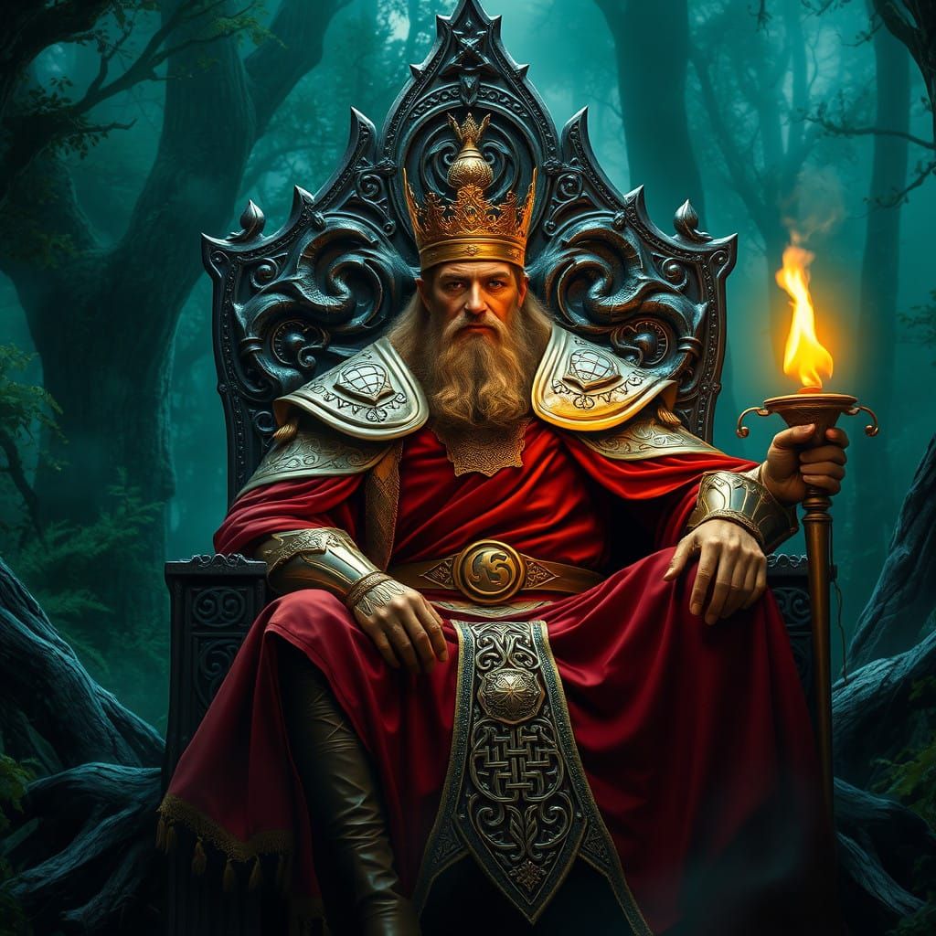 Regal Celtic King in Ancient, Golden Armor and Majestic Crim...