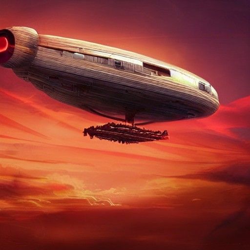 Futuristic Red and Gold Airship Over Alien World