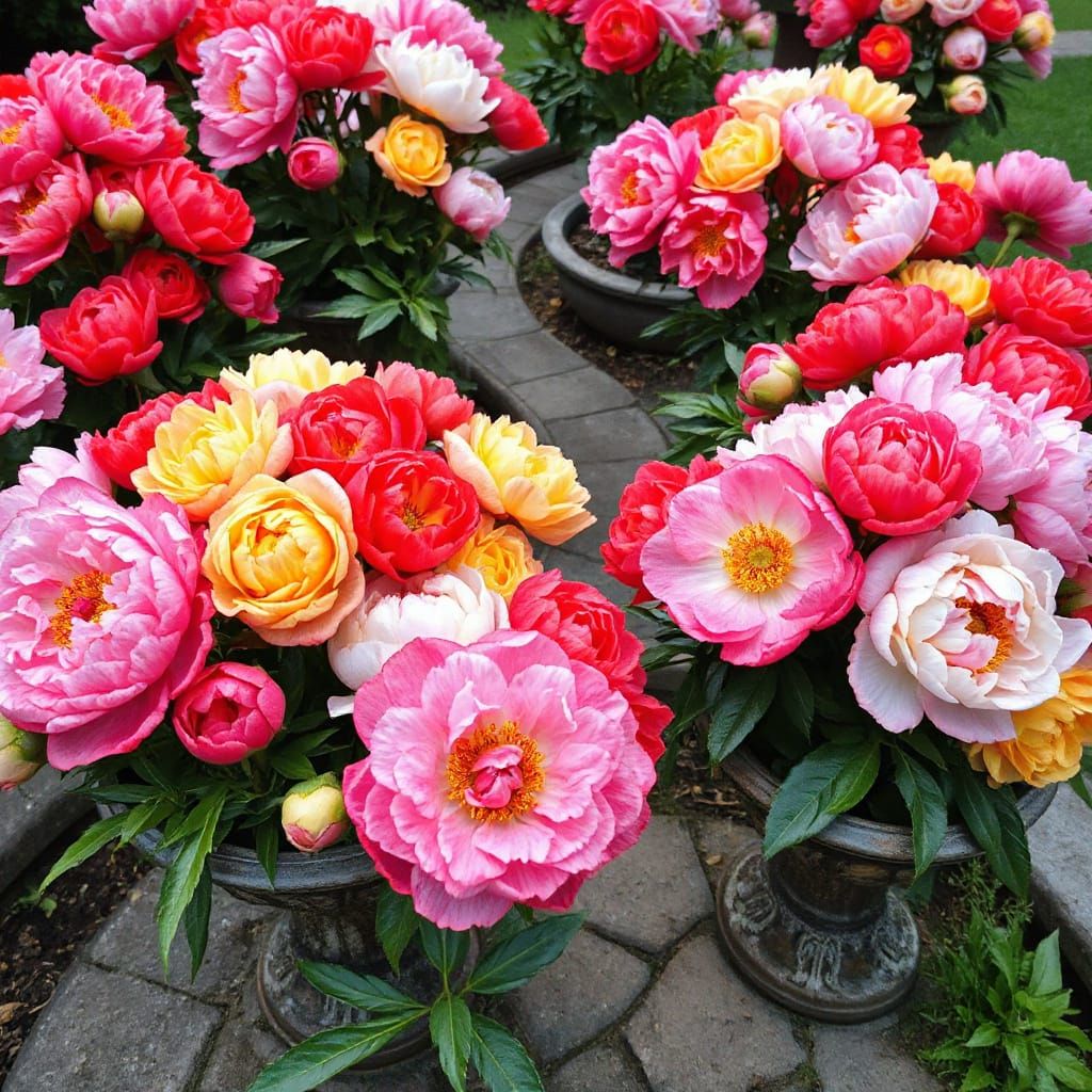 Vibrant Peony Flowers in Full Bloom as Impressionist Oil Pai...