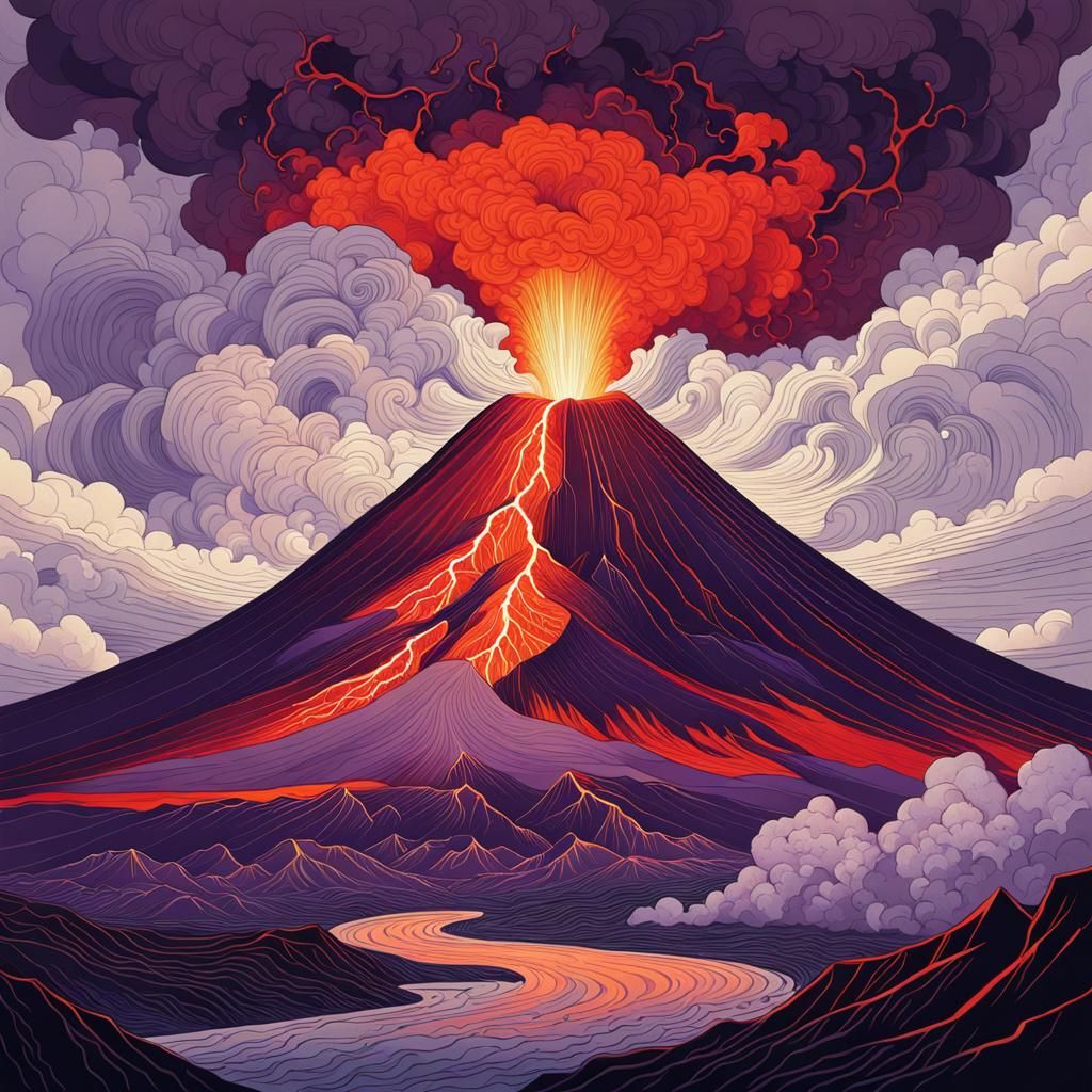 Volcano Eruption with Lightning in Dramatic Painting Style