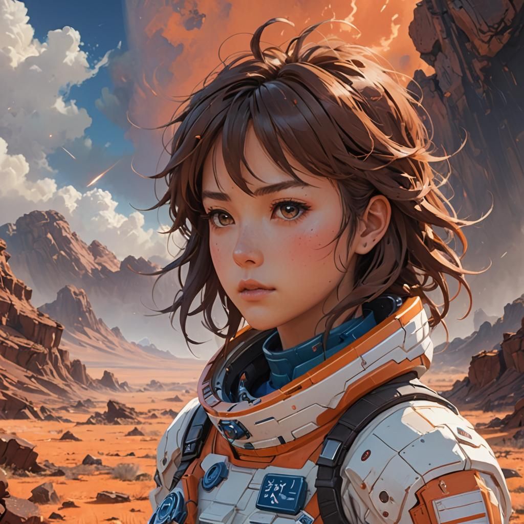 Astronaut Girl in Planetary Windstorm, Anime-Inspired 3D Art