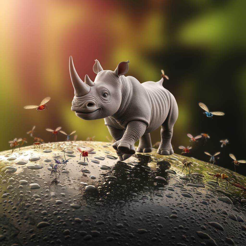 Miniature Rhinoceros in Vibrant Rainforest Scene