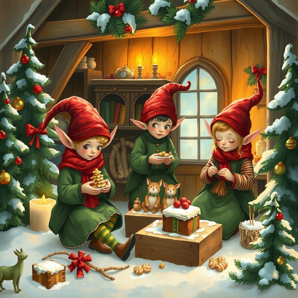 Whimsical Christmas Elves Busily Crafting Toys and Baking Tr...