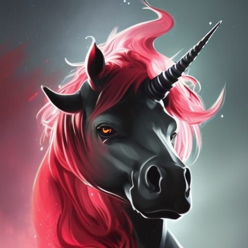 Dramatic Black Unicorn Portrait in Splash Art Style