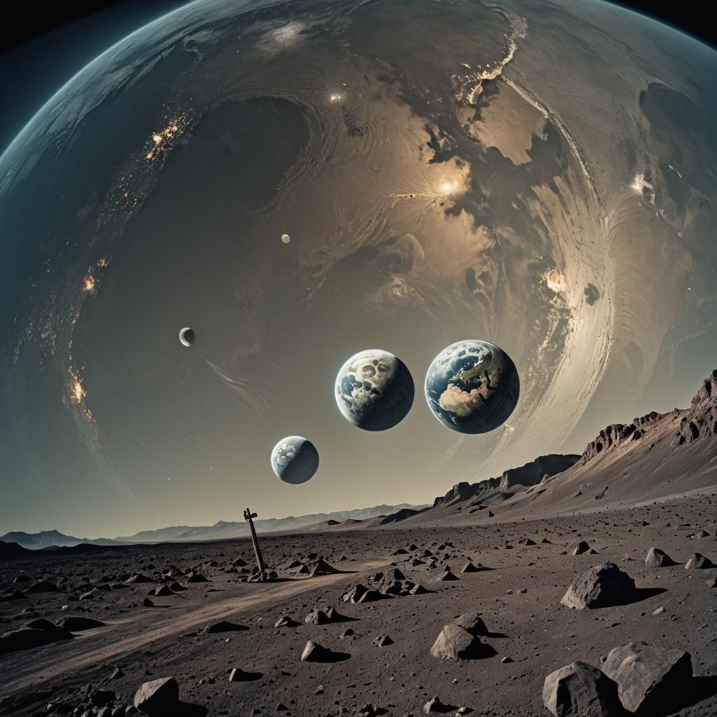 Hyperrealistic Earth and Moon with Space Station