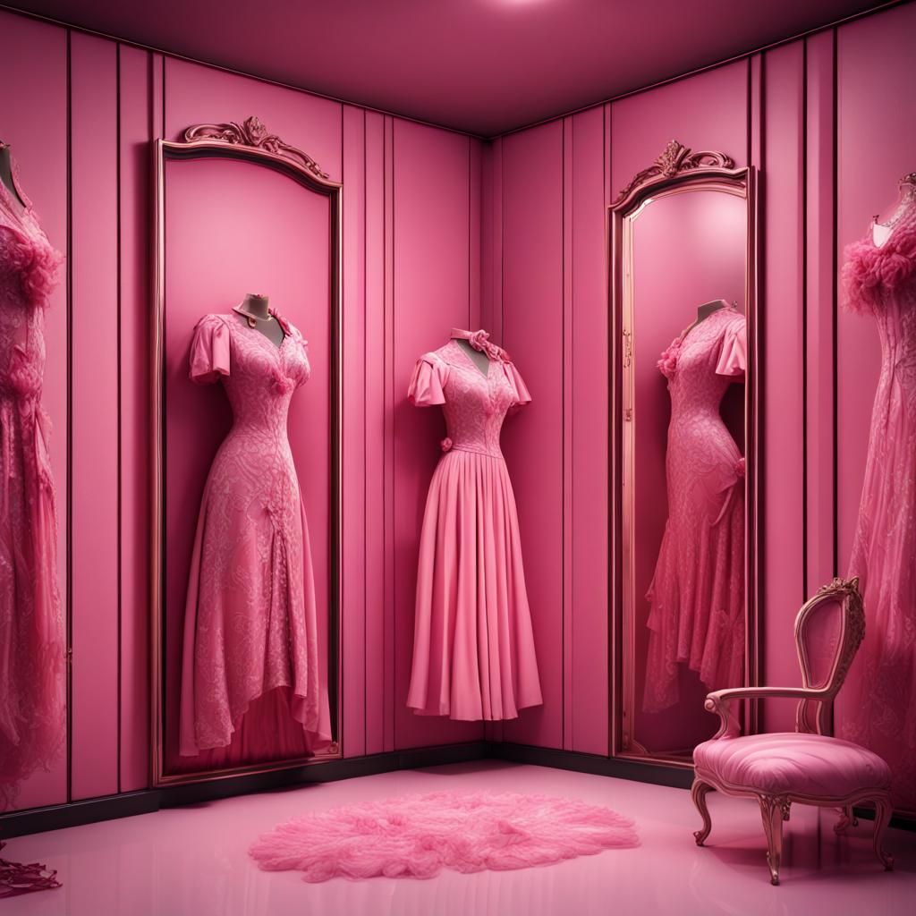 High Fashion Dresses in Pink Fitting Room