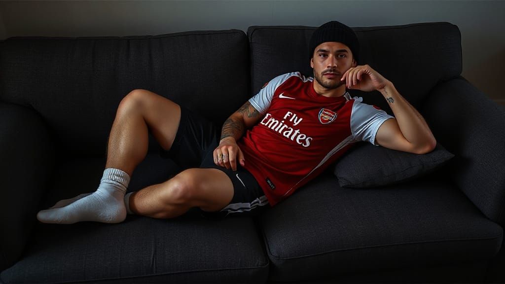 Confident Man in Arsenal Jersey Relaxing on Couch