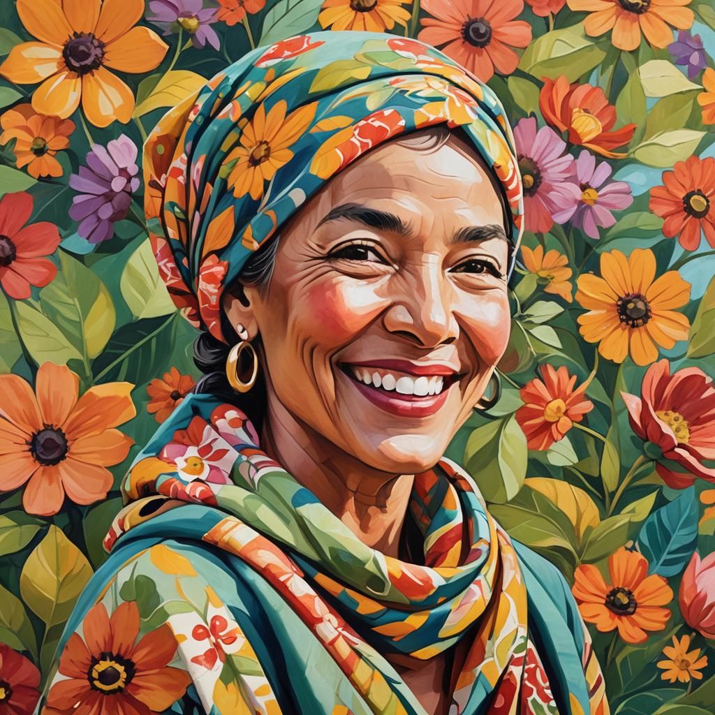 Vibrant Folk Art Portrait with Floral Accents