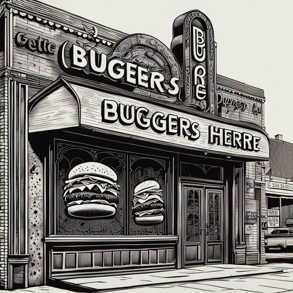 Ultra detailed, perfect composition, a gothic sign that says “Burgers Here, get your burgers”. The sign is outside a hot...